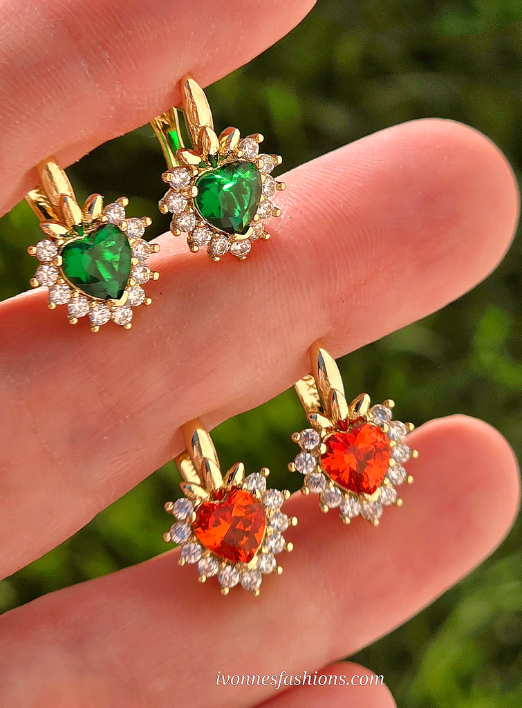 18k gold plated Crystal dangling heart hoops