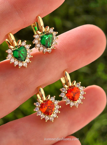 18k gold plated Crystal dangling heart hoops