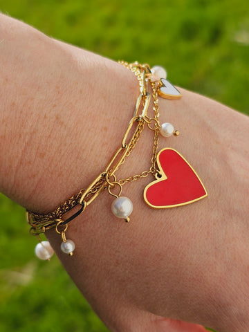 Stainless steel red heart and pearls bracelet