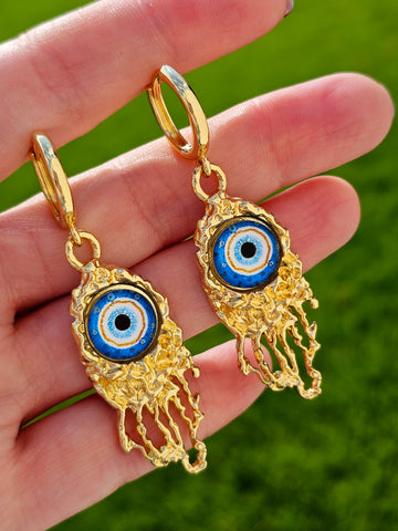 18k gold plated dangling evil eye hoop earrings