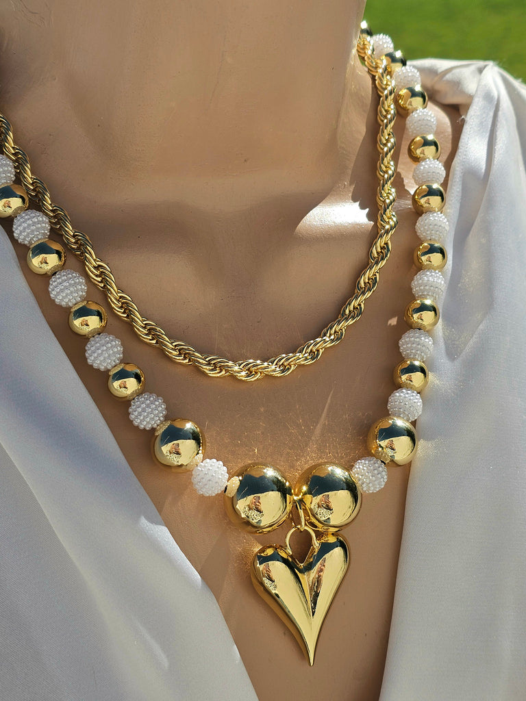 18k gold plated braided chain and heart pearls necklaces