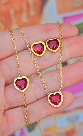 Stainless steel red crystal heart necklace set -necklace, earrings and bracelet