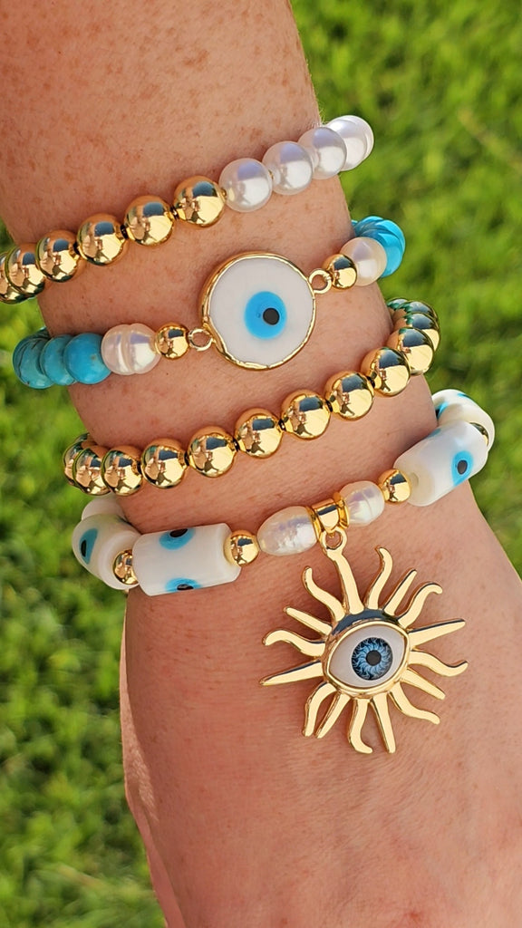 18k gold plated evil eye and pearl bracelets