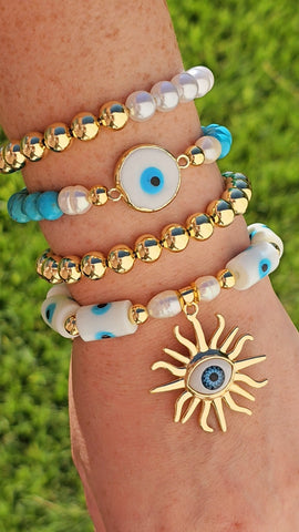 18k gold plated evil eye and pearl bracelets