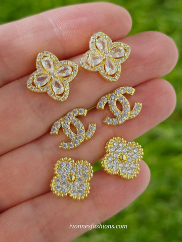 18k gold plated clover, flower and CC earrings