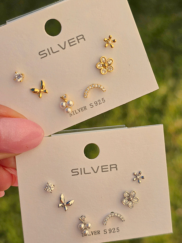 .925 Sterling silver 3 pairs flowers set earrings
