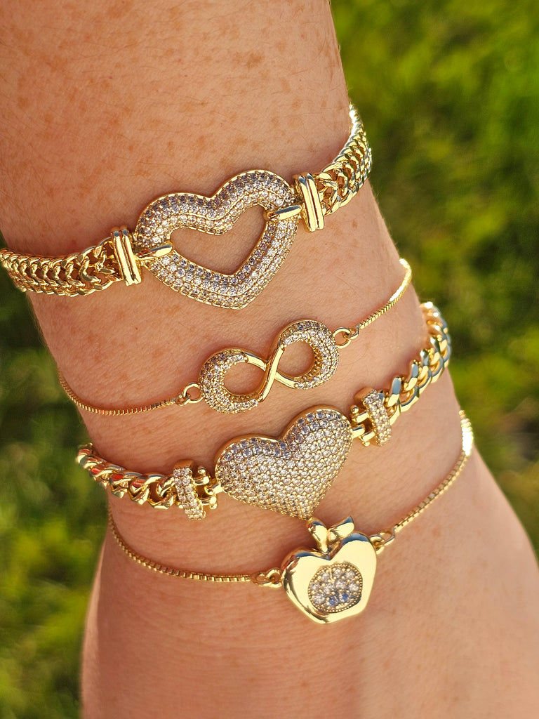 18k gold plated heart, infinity and apple bracelets