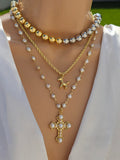 18k gold plated balls, unicorn and pearls cross necklace