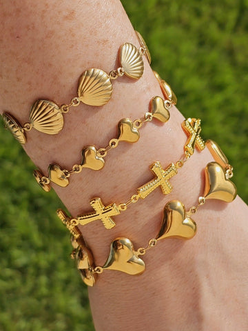 Stainless steel cross, hearts and seashells bracelets