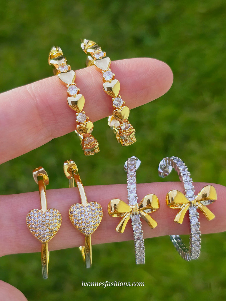 18k gold plated cz heart, and bow hoop earrings