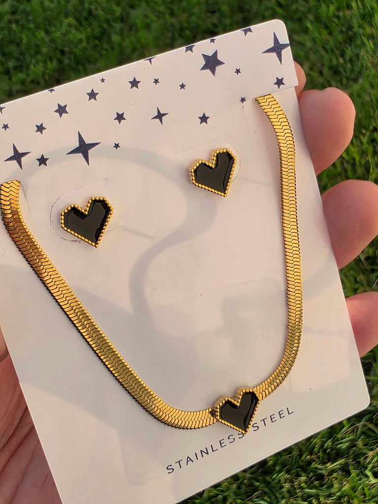 Stainless steel heart herringbone necklace and earrings set