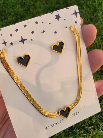Stainless steel heart herringbone necklace and earrings set