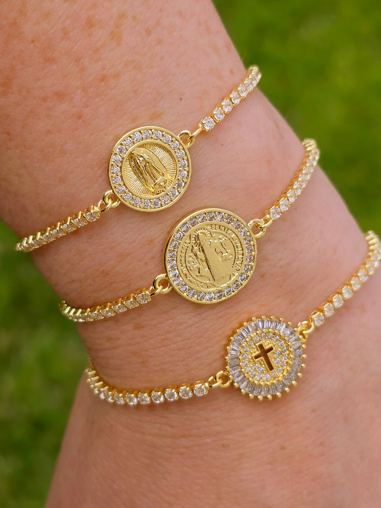 18k gold plated Lady of Guadalupe, San Benito and cross bracelets