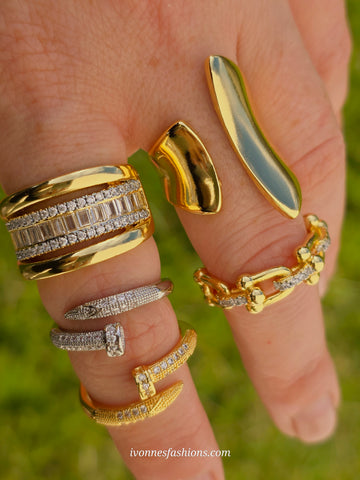 18k gold plated nail, cz, chain and minimalist rings