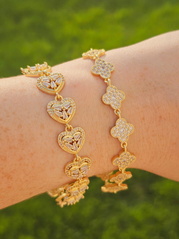18k gold plated CZ hearts and clover bracelet