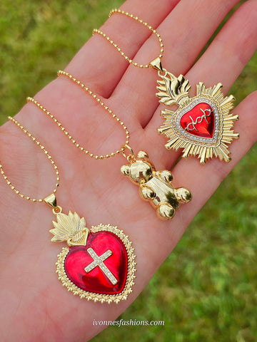 18k gold plated sacred heart and bear necklaces