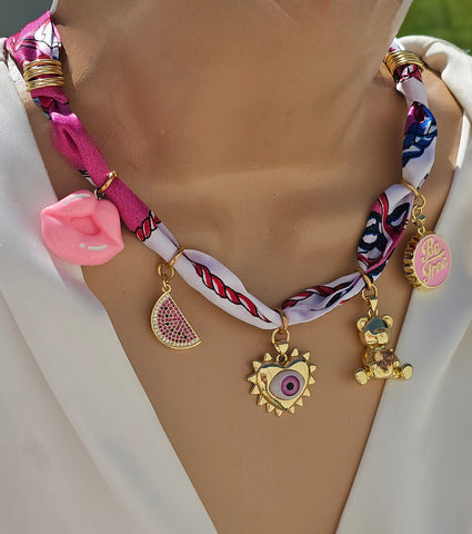 18k gold plated Hot pink Evil eye scarf charm necklaces
