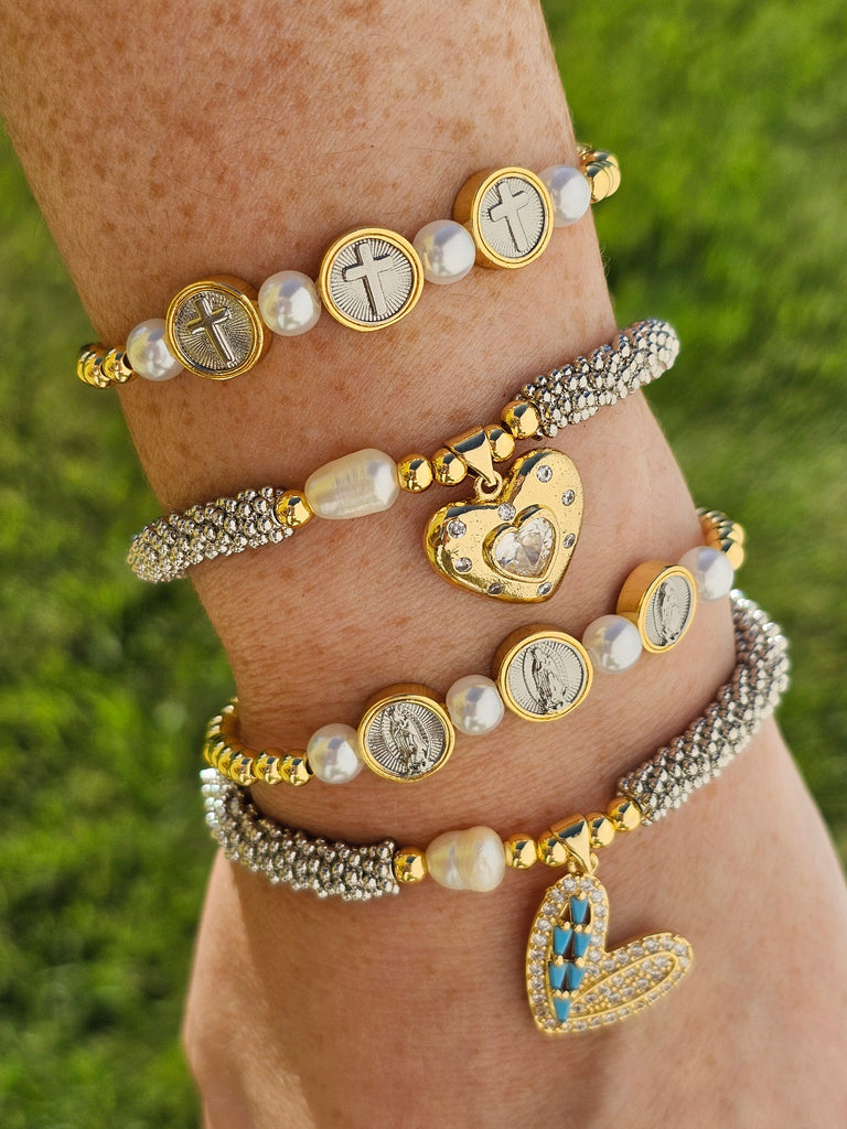 18k gold plated lady of guadalupe, cross and heart bracelets