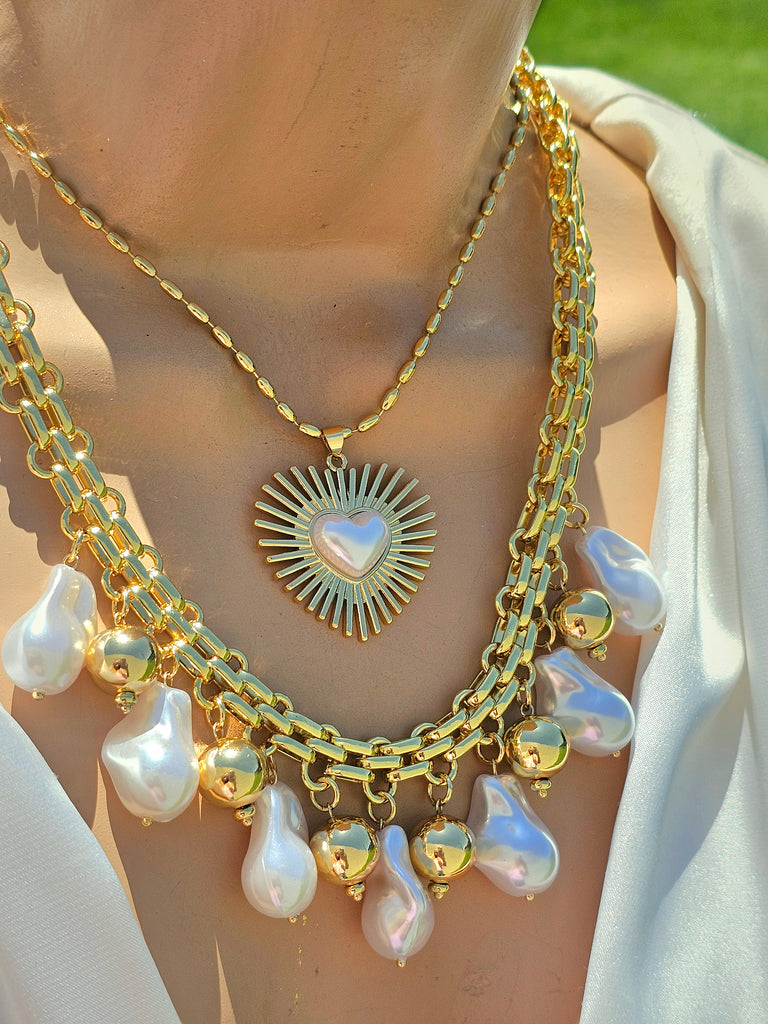 18k gold plated pearls and heart necklaces