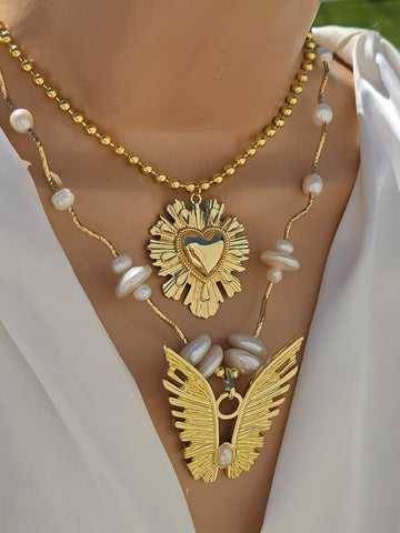 18k gold plated wings and sacred heart necklaces