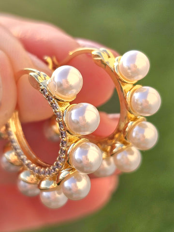 18k gold plated pearls CZ hoop earrings