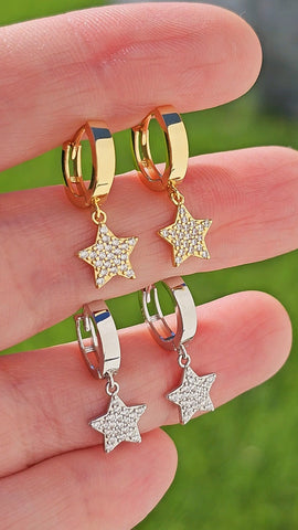 .925 Sterling silver cz star hoop earrings