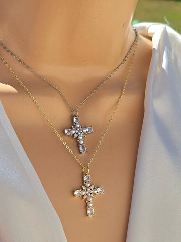 18k gold plated CZ and pearls cross necklace