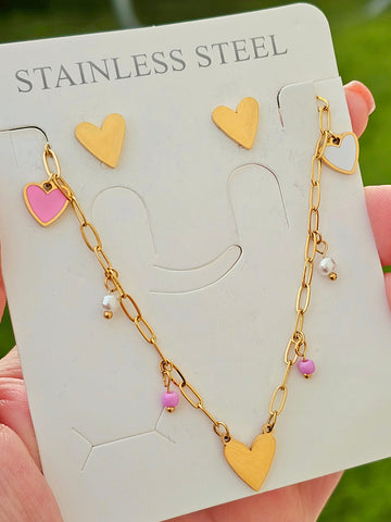 Stainless steel hearts necklace and earrings set
