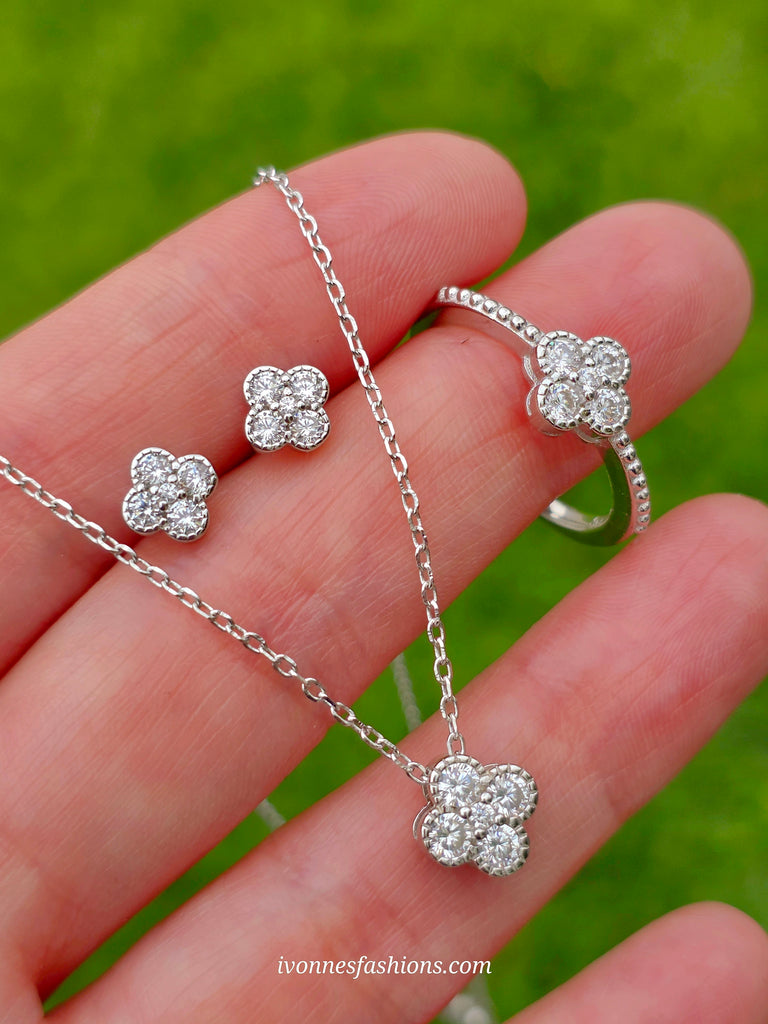 .925 Sterling silver CZ clover necklace, earrings and ring set