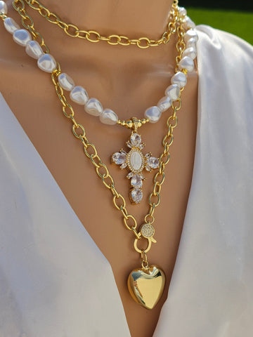 18k gold plated 36in long heart and CZ/ Pearls Cross necklaces