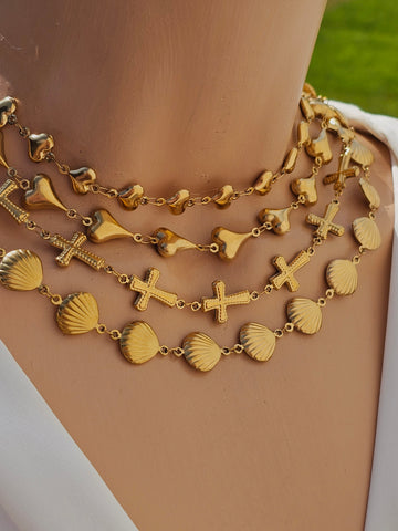 Stainless steel hearts, seashells and cross necklaces