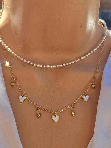 Stainless steel heart and pearls necklace set
