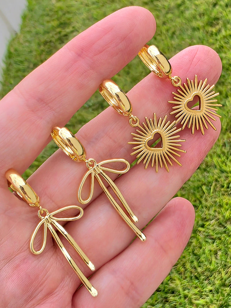 18k gold plated heart and bow hoop earrings