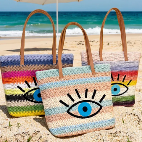Fashion straw evil eye tote handbags