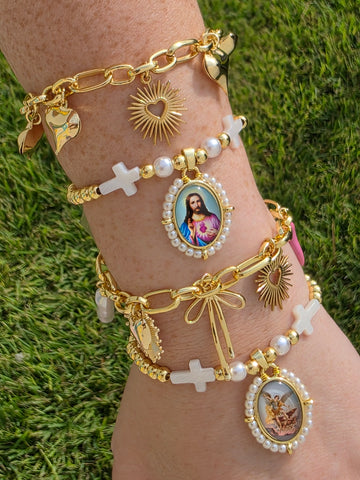 18k gold plated hearts, bow, Jesus Christ and Archangel bracelets