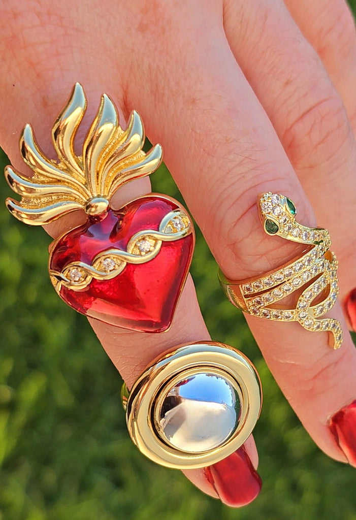 18k gold plated sacred heart, snake and ball ring