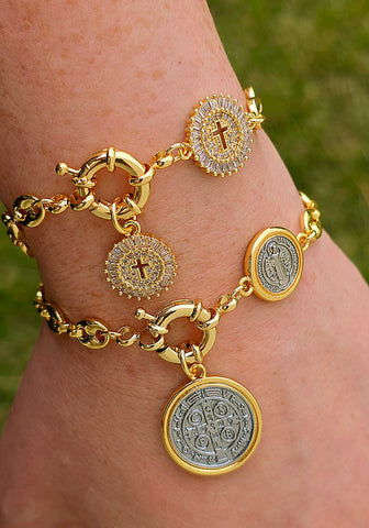 18k gold plated San Benito and cross chain bracelets