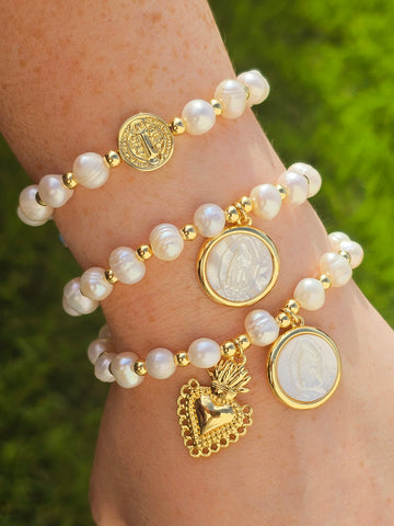 18k gold plated and freshwater pearls religious bracelets