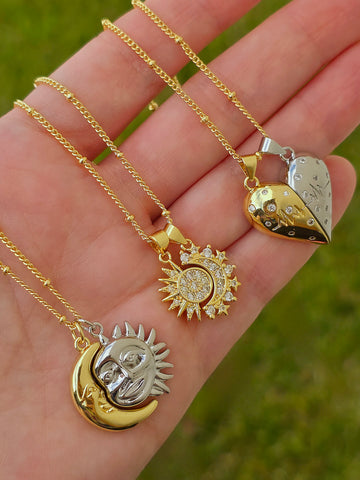 18k gold plated magnetic double pendant moon and sun, and hearts necklaces