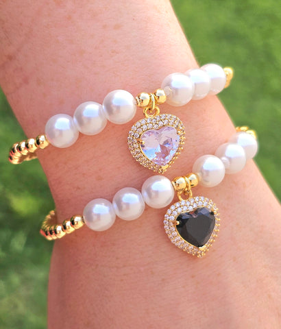 18k gold plated crystal heart and pearls bracelets