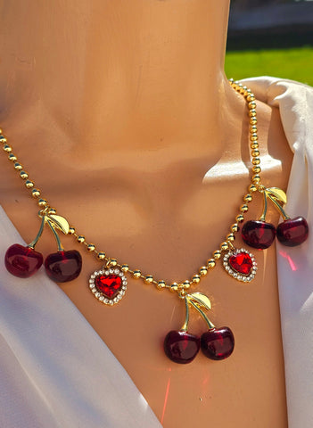 18k gold plated cherry and heart necklaces