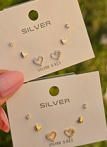 .925 Sterling silver hearts 3 pairs set earrings