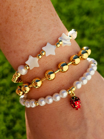 18k gold plated star, pearl and strawberry bracelets