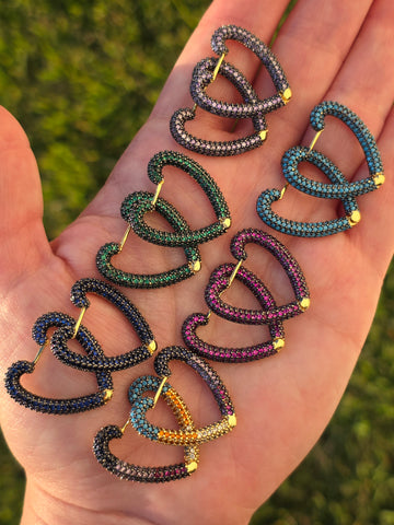 18k gold plated color CZ heart hoop earrings