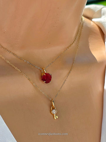 .925 Sterling silver red flower and key necklace