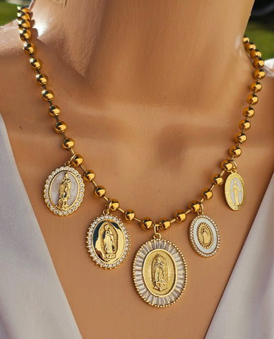 18k gold plated dangling religious medals necklace