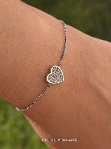 .925 Sterling silver CZ heart adjustable bracelet