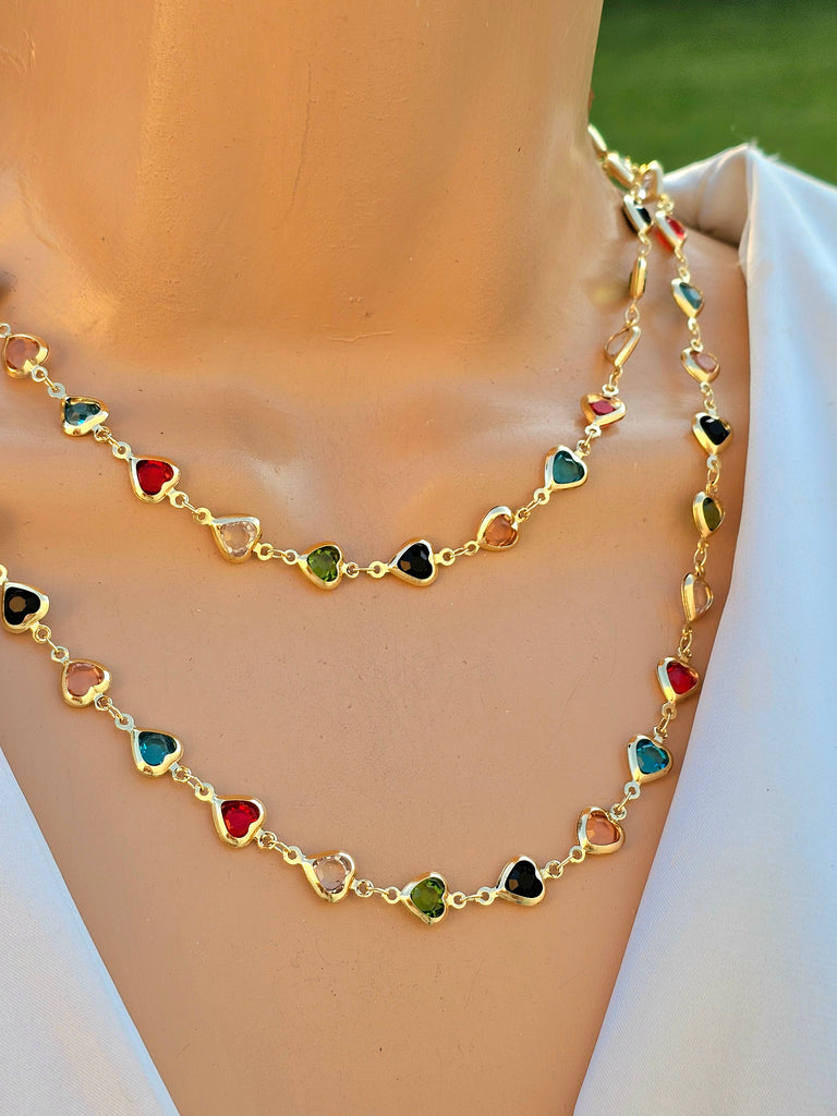 18k gold plated multicolor hearts 34 inch necklace