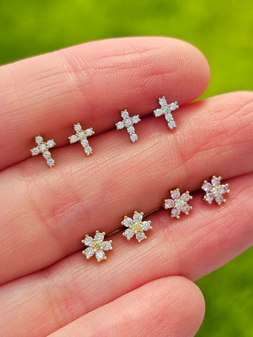 .925 sterling silver cross and flower screw back earrings