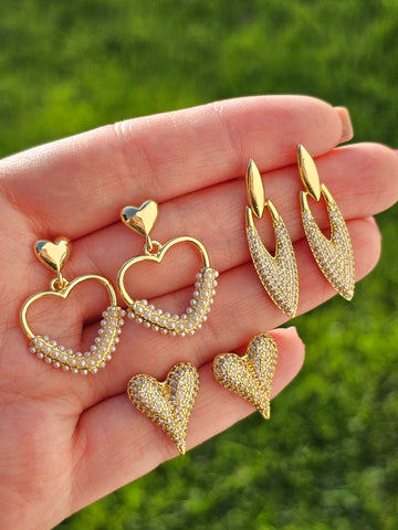 18k gold plated cz, pearls heart and CZ heart earrings